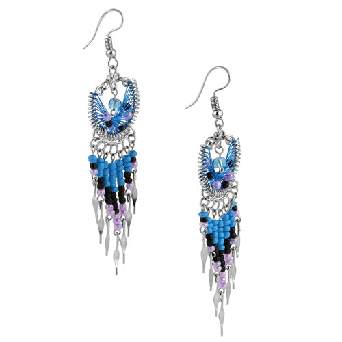 Stainless Steel Peruvian Blue Silk Thread Beaded Crescent Dangle Earrings (Not Sterling Silver)