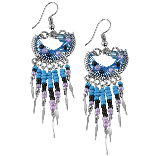 Stainless Steel Peruvian Blue Silk Thread Beaded Crescent Dangle Earrings (Not Sterling Silver)