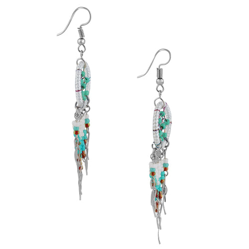 Stainless Steel Dream catcher Off-White Silk Thread Beaded Dangle Earrings (Not Sterling Silver)