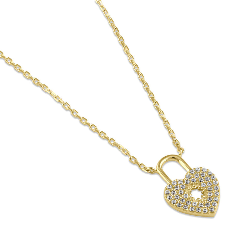 Solid 14K Gold Heart Lock CZ Necklace