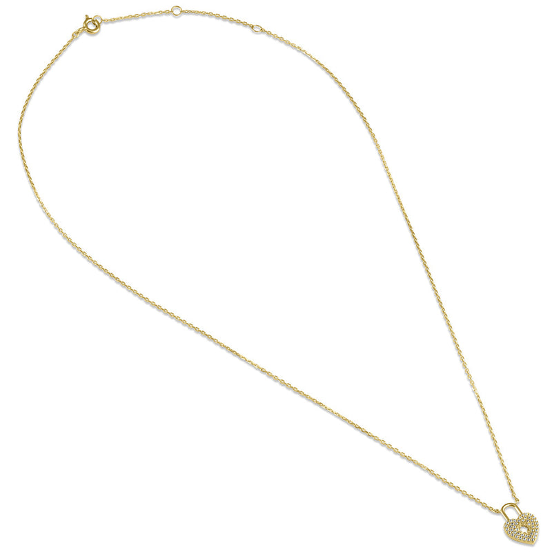 Solid 14K Gold Heart Lock CZ Necklace