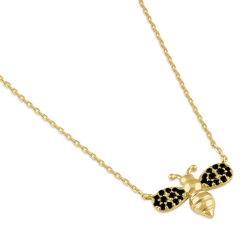 Solid 14K Gold Black CZ Bee Necklace