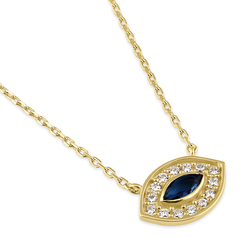 Solid 14K Gold Evil Eye Blue Sapphire CZ Necklace