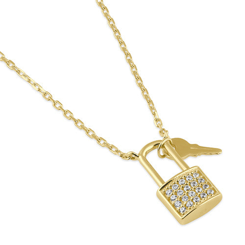 Solid 14K Gold Key and Lock CZ Necklace