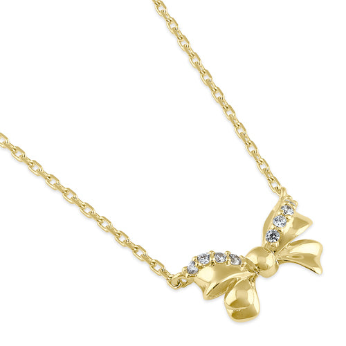 Solid 14K Gold Bow CZ Necklace