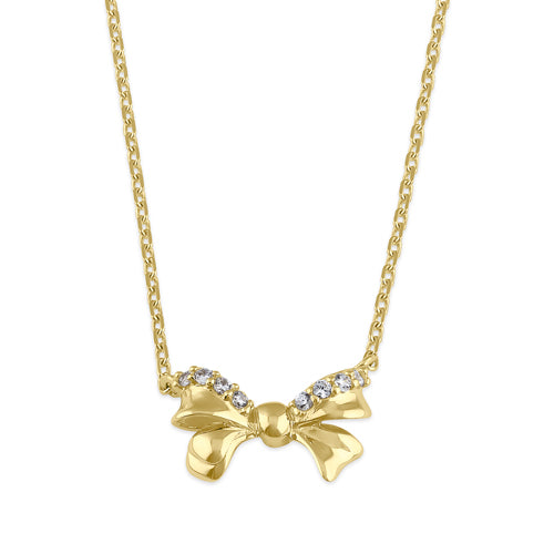 Solid 14K Gold Bow CZ Necklace