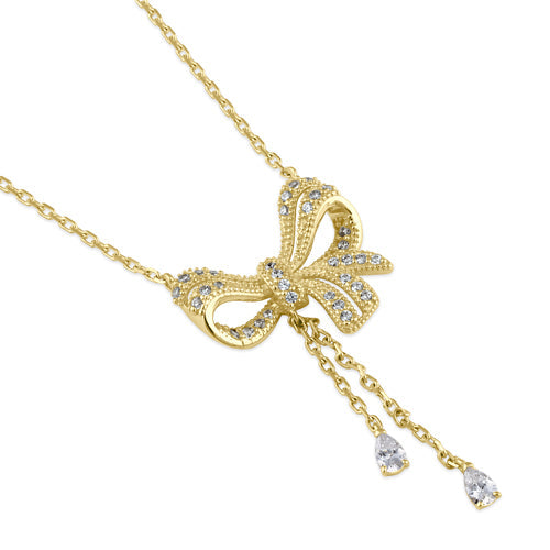 Solid 14K Gold Elegant Bow and Dangle CZ Necklace