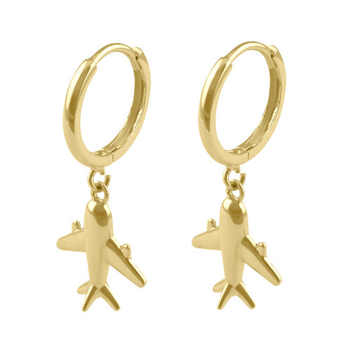 Solid 14K Gold Traveler Airplane Hoop Dangle Earrings