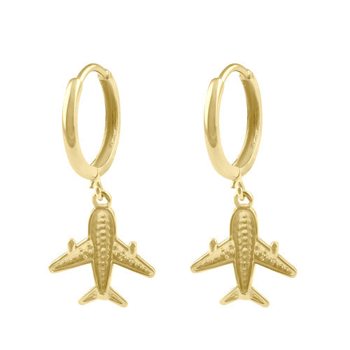 Solid 14K Gold Traveler Airplane Hoop Dangle Earrings