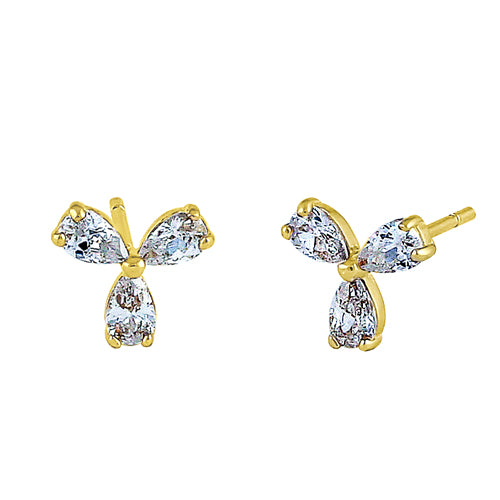 Solid 14K Yellow Gold Pinwheel Clear Pear Cut CZ Earrings