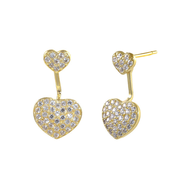 Solid 14K Gold Hearts and Bar Dangle CZ Earrings