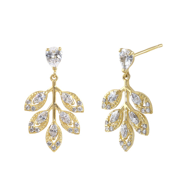 Solid 14K Gold Leaf Drop Dangle CZ Earrings