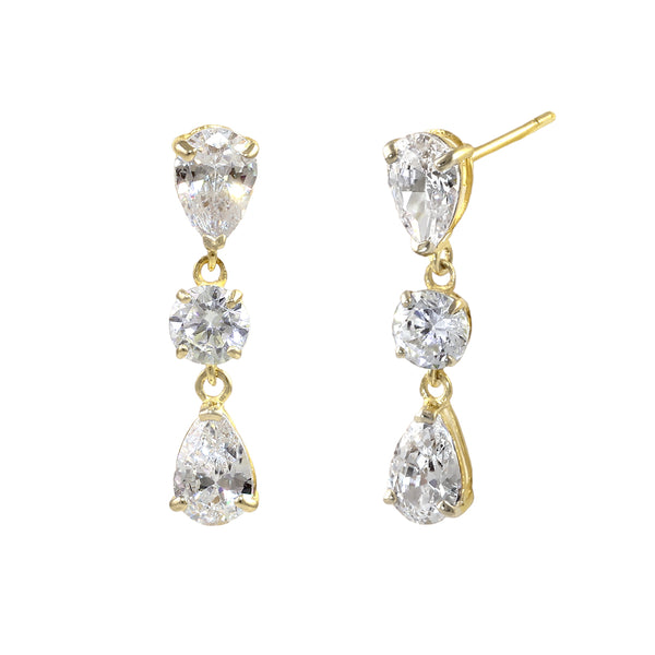 Solid 14K Gold Pear and Round CZ Dangle Earrings