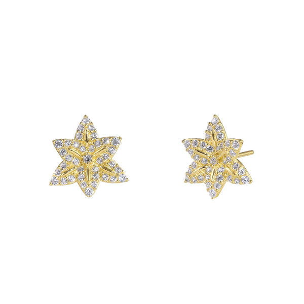 Solid 14K Gold 6-Petal Flower CZ Earrings