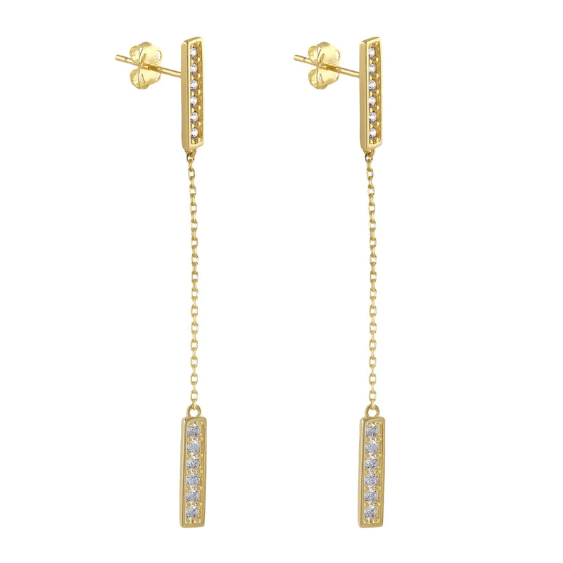 Solid 14K Gold Bar Chain Dangle CZ Earrings