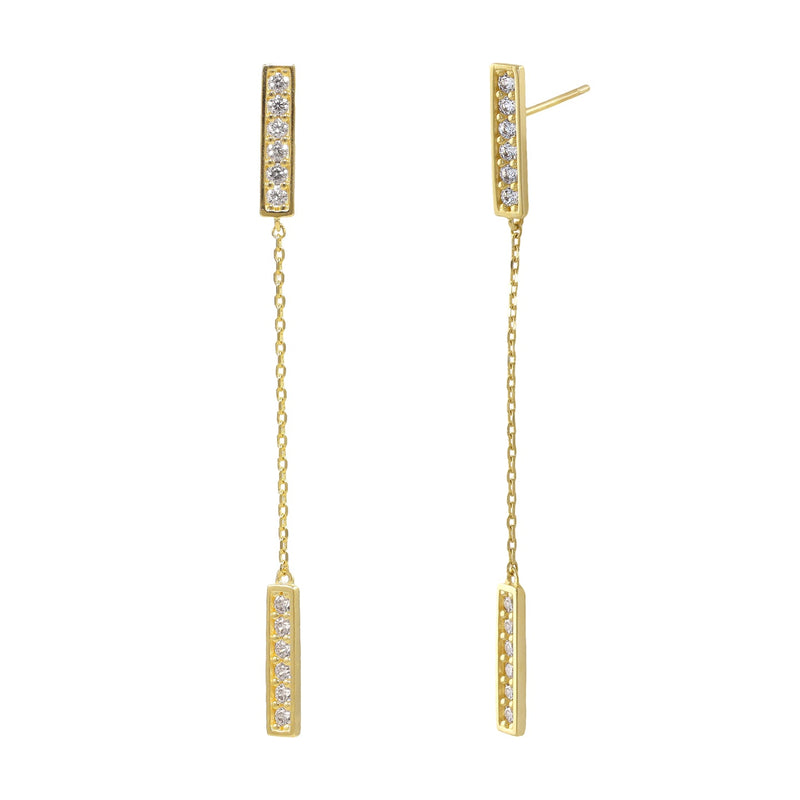 Solid 14K Gold Bar Chain Dangle CZ Earrings