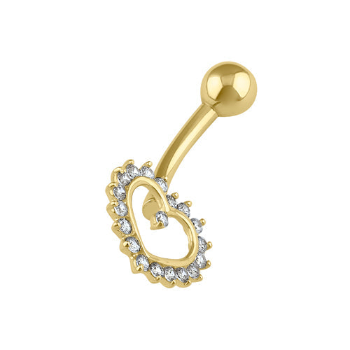 Solid 14K Gold Open Heart CZ Belly Button Ring