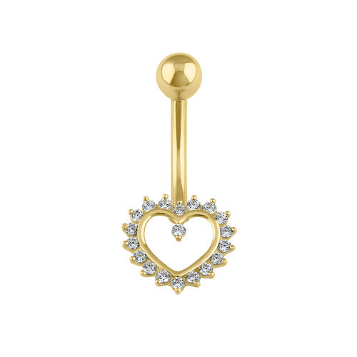 Solid 14K Gold Open Heart CZ Belly Button Ring