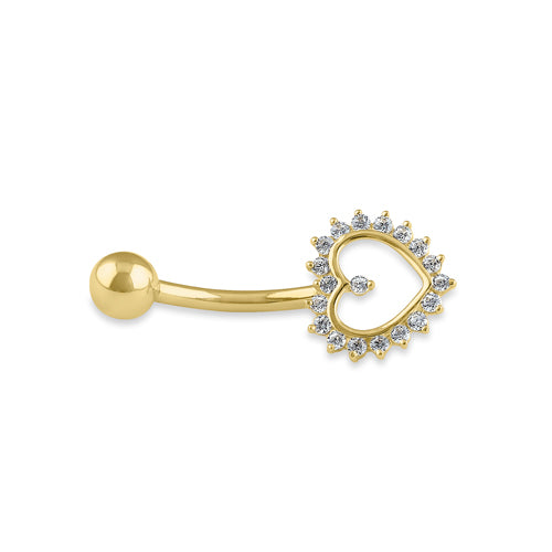 Solid 14K Gold Open Heart CZ Belly Button Ring