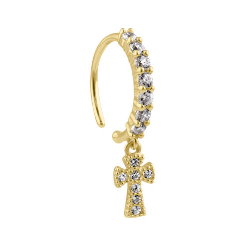 Solid 14K Gold CZ Dangling Cross Belly Ring