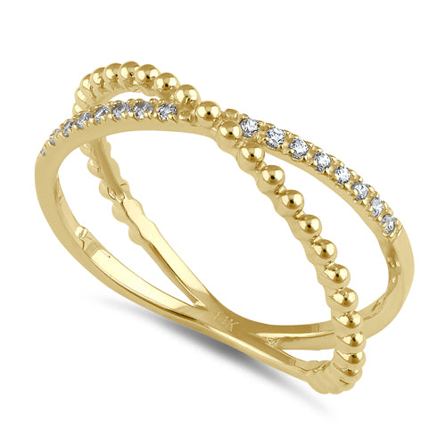 Solid 14K Gold CZ Pave and Bead X Ring