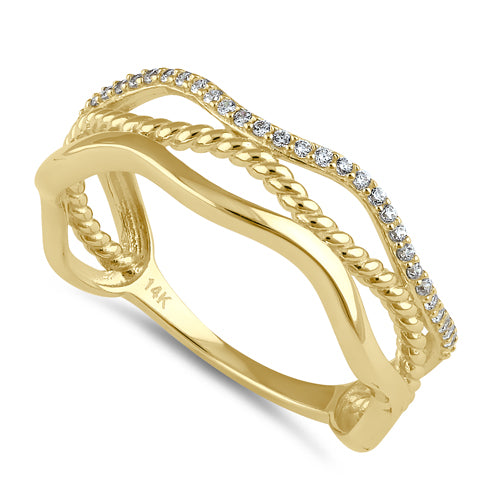 Solid 14K Gold 3 in 1 CZ Stackable Wave Ring