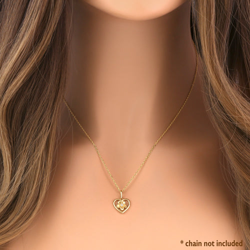 Solid 14K Yellow Gold Plumeria Heart Diamond Pendant