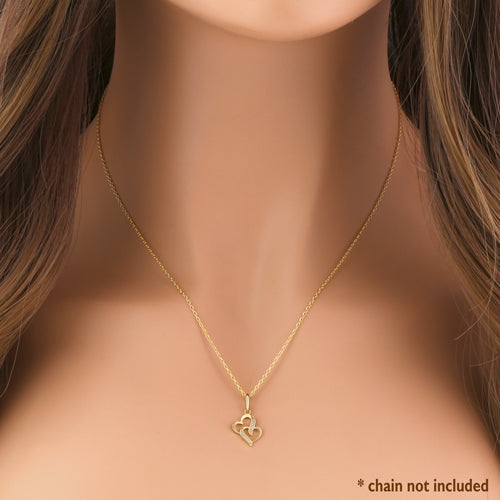 Solid 14K Yellow Gold Double Stack Heart Diamond Pendant