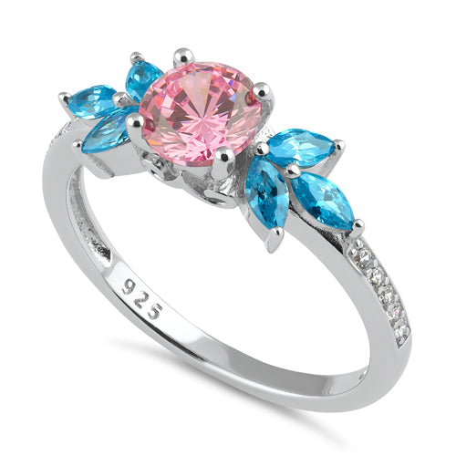 Sterling Silver Flower Leaves Pink and Blue CZ Ring