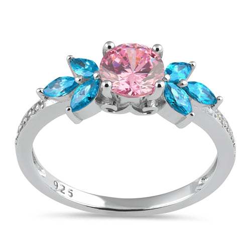 Sterling Silver Flower Leaves Pink and Blue CZ Ring