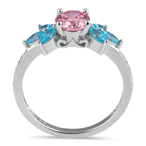 Sterling Silver Flower Leaves Pink and Blue CZ Ring