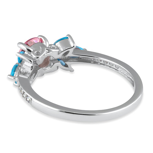 Sterling Silver Flower Leaves Pink and Blue CZ Ring