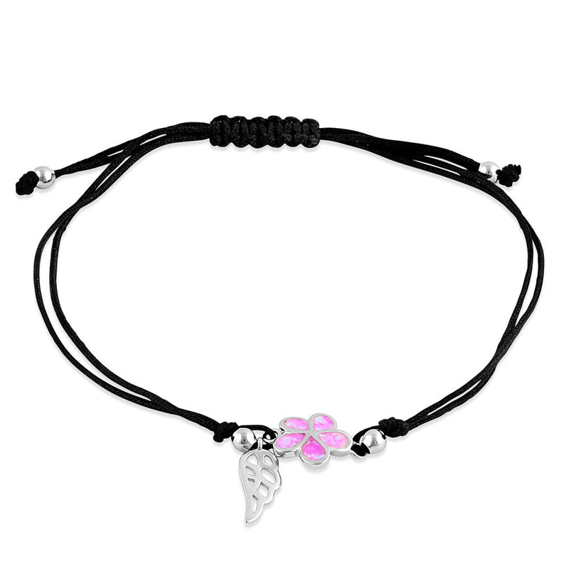 Sterling Silver Winged Pink Lab Opal Plumeria Adjustable Silk Bracelet