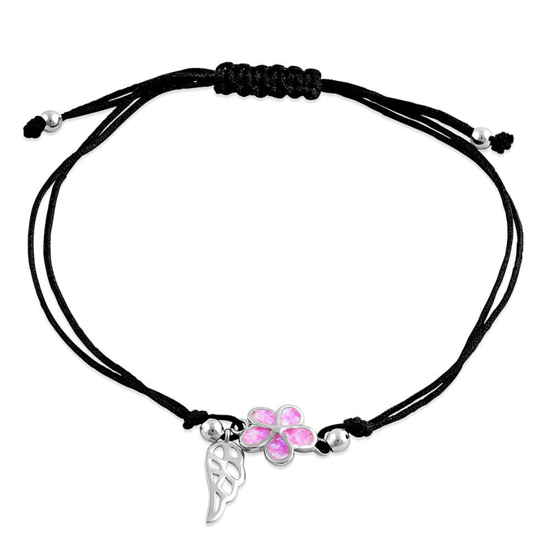 Sterling Silver Winged Pink Lab Opal Plumeria Adjustable Silk Bracelet