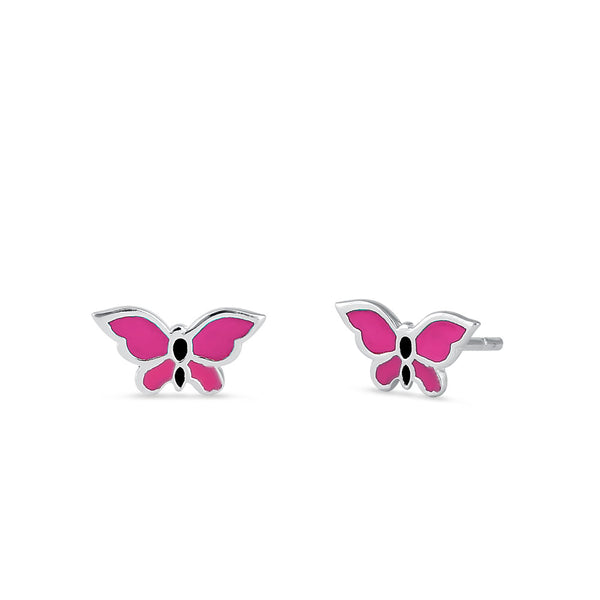 Sterling Silver Pink Enamel Butterfly Earrings