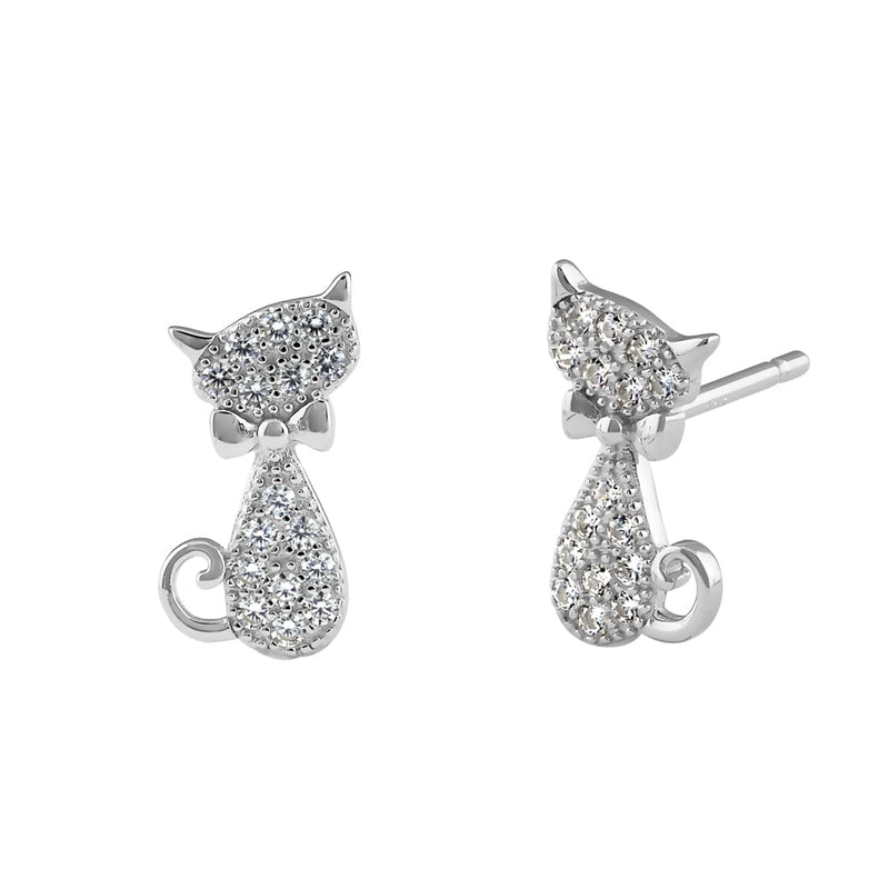 Sterling Silver Cat With Bow CZ Earrings