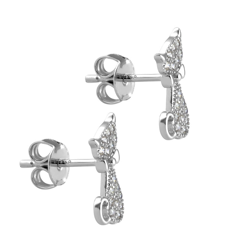 Sterling Silver Cat With Bow CZ Earrings