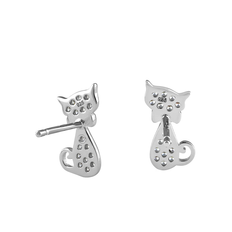 Sterling Silver Cat With Bow CZ Earrings