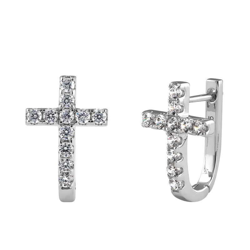 Sterling Silver Cross Hoop CZ Earrings