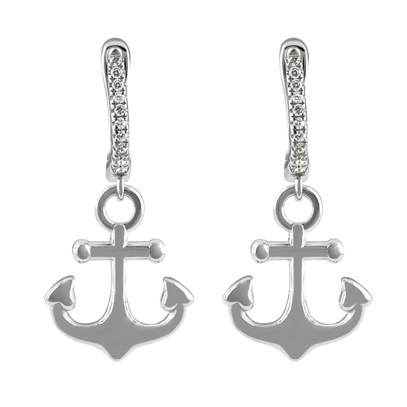 Sterling Silver Dangling Hoop Anchor CZ Earrings