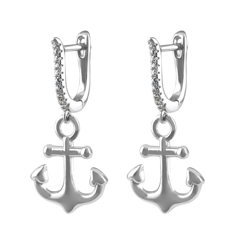 Sterling Silver Dangling Hoop Anchor CZ Earrings