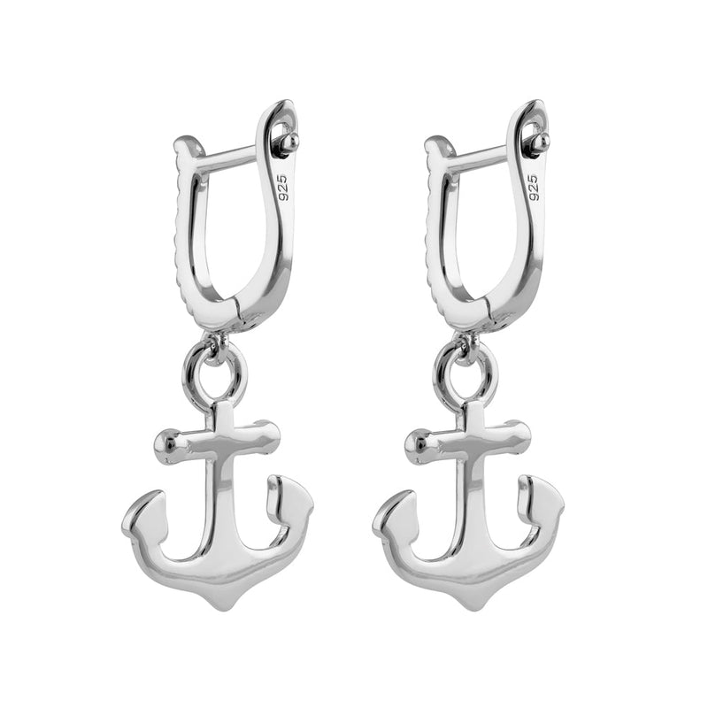 Sterling Silver Dangling Hoop Anchor CZ Earrings