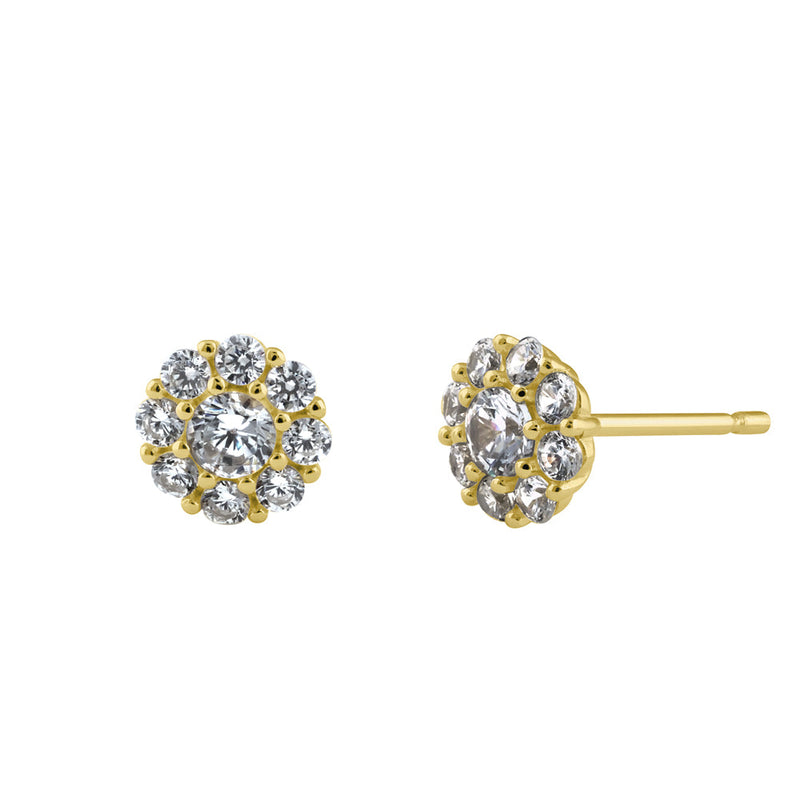 Sterling Silver Yellow Gold Plated Flower CZ Earrings