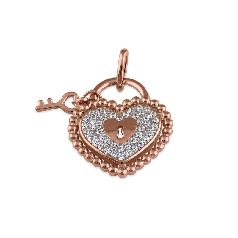 Sterling Silver Rose Gold Heart and Lock CZ Pendant