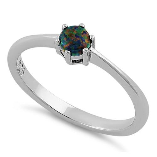 Sterling Silver Round Green-Black Lab Opal Ring