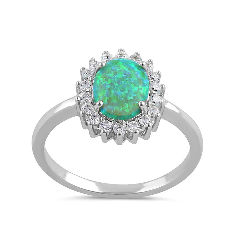 Sterling Silver Oval Green Lab Opal CZ Ring