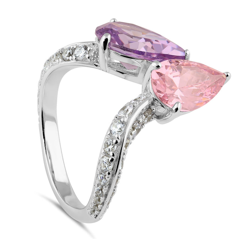 Sterling Silver Dreamy Pink and Lavender Pear CZ Ring