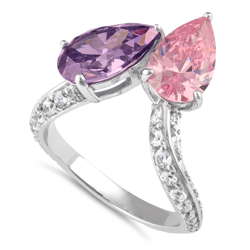 Sterling Silver Dreamy Pink and Lavender Pear CZ Ring