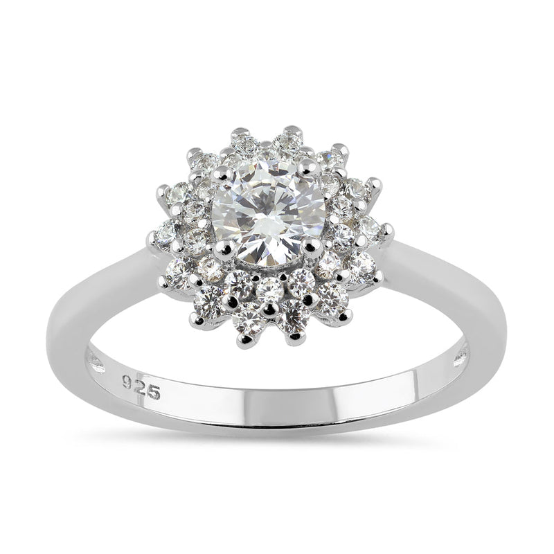 Sterling Silver Double Halo Sunflower Engagement CZ Ring