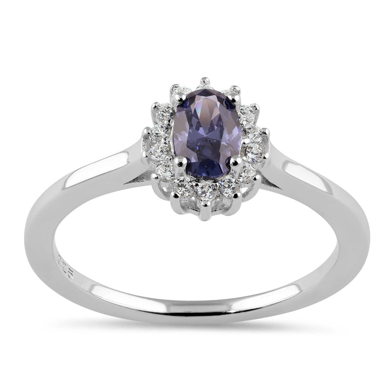 Sterling Silver Oval Blue Tanzanite Halo CZ Engagement Ring